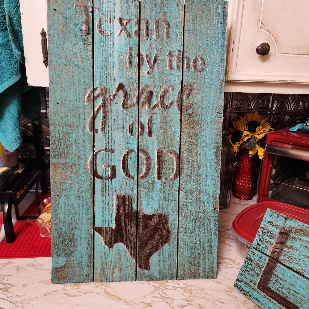 Rustic Teal Wooden Sign with Texas Design